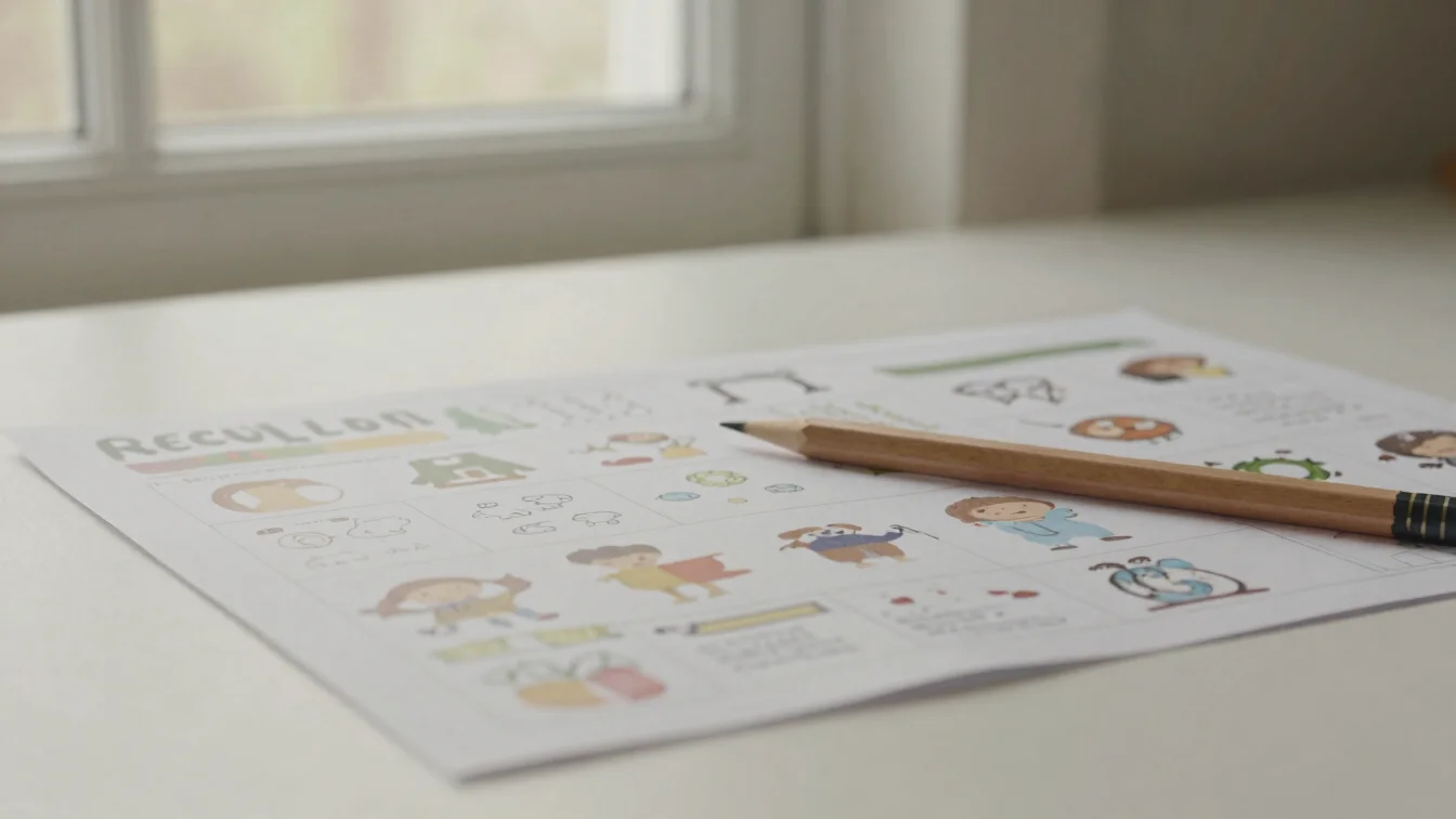 Close detail of a printed holiday activity sheet with a pencil resting beside it, soft window light, warm neutral tones