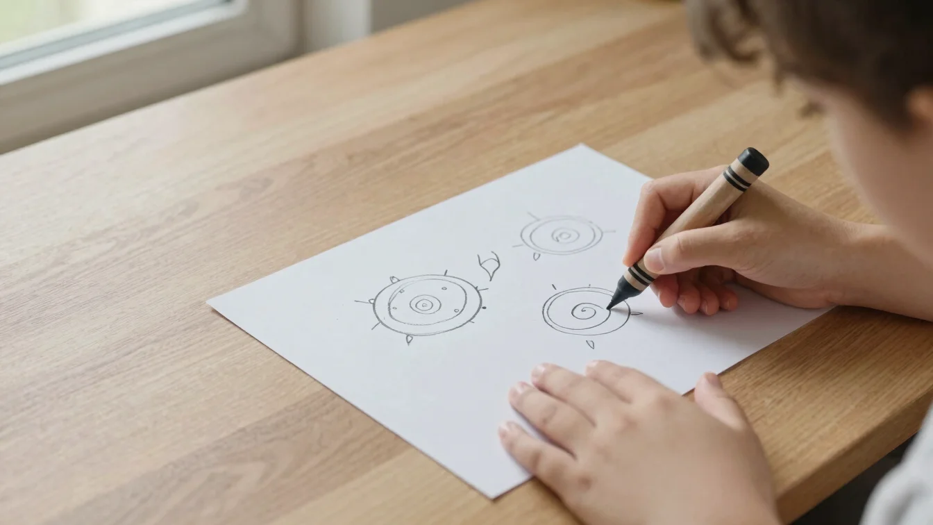 Overhead view of hands coloring a printed page with wax crayons on a wooden table, natural daylight