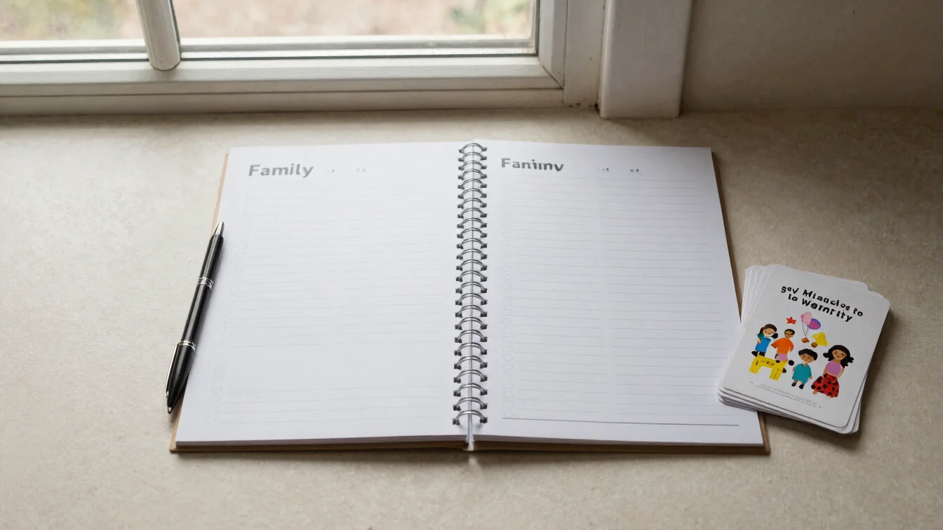 Overhead flat lay of a printed family planner page with a pen and a small stack of party game cards, muted neutral palet