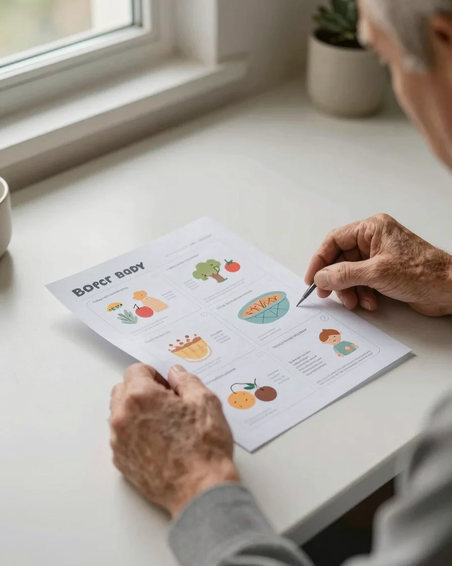 Warm close-up of an older man’s hands folding a printed activity sheet at a kitchen table, soft natural window light, mu