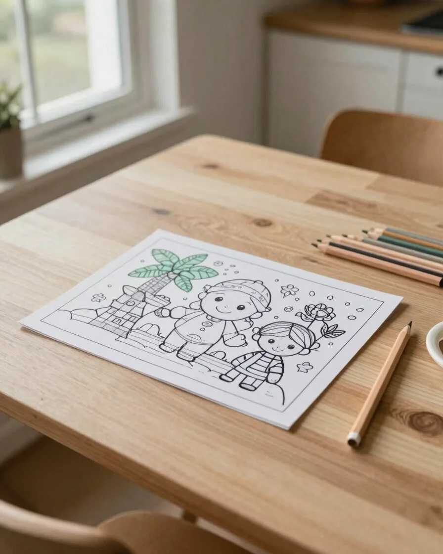 Overhead flat lay of a printed coloring page and colored pencils on a light wooden kitchen table, soft natural window li