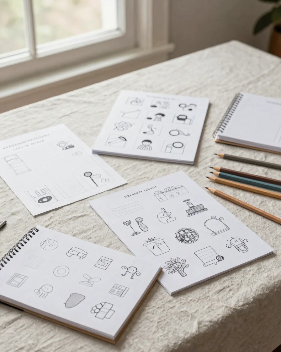 Overhead flat lay of printed activity sheets, colored pencils, an